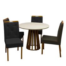 Mesa de Jantar Berlim 100cm Redonda com Vidro e 4 Cadeiras Jasmim em Veludo Estofadas Cel Móveis Cor Cinamomo Off White com Tecido Preto