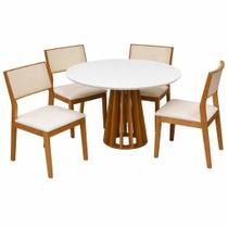 Mesa de Jantar Berlim 100cm Redonda com Vidro e 4 Cadeiras Oiti em Linho Madeira Cel Móveis Cor Cinamomo Off White com Tecido Bege