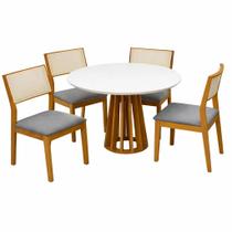 Mesa de Jantar Berlim 100cm Redonda com Vidro e 4 Cadeiras Oiti em Linho Madeira Cel Móveis Cor Cinamomo Off White com Tecido Cinza