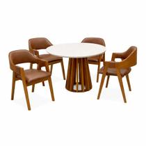 Mesa de Jantar Berlim 100cm Redonda com Vidro e 4 Cadeiras Perola em material sintético Madeira Cel Móveis Cor Cinamomo Off White com Tecido Marrom