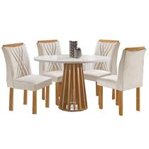Mesa de Jantar Berlim Redonda com 4 Cadeiras Cel Móveis Cor Cinamomo Off White com Tecido Bege Mesa de Jantar Berlim Redonda com 4 Cadeiras Cel Móveis Cor Cinamomo Off White com Tecido Bege