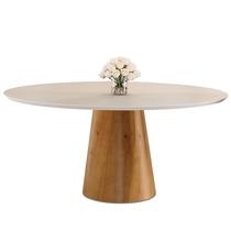 Mesa de Jantar Calêndula - Base Cone Madeira Laminada - Tampo Redondo Chanfrado 100% MDF e Vidro Colado de Fábrica