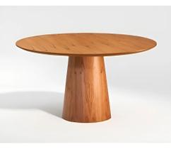 Mesa de Jantar Calêndula - Base Cone Madeira Laminada - Tampo Redondo Chanfrado 100% MDF e Vidro Colado de Fábrica Taman