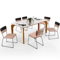 Mesa De Jantar Capri 160 Off White 6 Cadeiras Allana B05 Faixa Corano Preto Linho Rosê - Lyam Decor