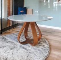 Mesa de Jantar Cebola Redonda 1,08 M Tampo Laqueado C/vidro Off White ***SEM CADEIRAS***