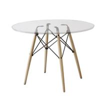 Mesa de Jantar Charles Eames Redonda Pés Madeira Tampo Vidro Eiffel Wood 110cm