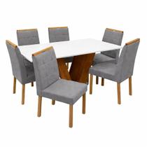 Mesa de Jantar Classic 160x80cm com Vidro e 6 Cadeiras Giulia em Veludo Estofadas Cel Móveis Cor Cinamomo Off White com Tecido Cinza Mesa de Jantar Classic 160x80cm com Vidro e 6 Cadeiras Giulia em Veludo Estofadas Cel Móveis Cor Cinamomo Off White com Tecido Cinza