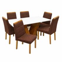 Mesa de Jantar Classic 160x80cm com Vidro e 6 Cadeiras Giulia em Veludo Estofadas Cel Móveis Cor Cinamomo Off White com Tecido Marrom Mesa de Jantar Classic 160x80cm com Vidro e 6 Cadeiras Giulia em Veludo Estofadas Cel Móveis Cor Cinamomo Off White com Tecido Marrom