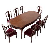 Mesa de Jantar Clássica Marchetada com 8 Cadeiras Estofadas Vinho A:87 L:220 P:117cm para Sala de Jantar