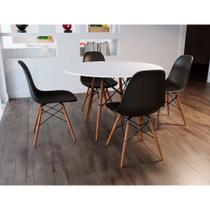 Mesa de Jantar com 4 Cadeiras Pretas Eames Eiffel 90cm Tampo Branco Base Madeira - Up Home
