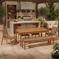 Mesa de Jantar Com Banco de Madeira 180cm e 04 Cadeiras Trammare C07 Corda Rami - Lyam Decor Mesa de Jantar Com Banco de Madeira 180cm e 04 Cadeiras Trammare C07 Corda Rami - Lyam Decor