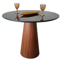 Mesa de Jantar Cone 90 cm Base Madeira Pau Ferro Rajado Tampo Laca + Vidro