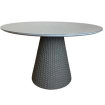 Mesa De Jantar Cone Redonda 90cm Tampo Laqueado Cinza + Vidro Base Corda Náutica Cinza