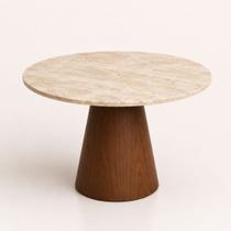 Mesa de Jantar Cone Redondo 160 cm Tampo Mármore Travertino Base Nogueira Mesa de Jantar Cone Redondo 160 cm Tampo Mármore Travertino Base Nogueira