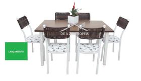 Mesa de Jantar cozinha com 6 Cadeiras junco sintético modelo Lisboa Tampo MDF aço Branca oferta