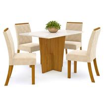 Mesa de Jantar Danielly 120 cm Tampo Reto com Vidro Nature Off White e 4 Cadeiras Vita Linho Henn