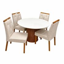 Mesa de Jantar Dara 110cm Redonda com Vidro e 4 Cadeiras Jasmim em Linho Estofadas Lj Móveis Cor Cinamomo Off White com Tecido Bege