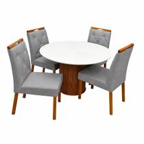 Mesa de Jantar Dara 110cm Redonda com Vidro e 4 Cadeiras Jasmim em Veludo Estofadas Lj Móveis Cor Cinamomo Off White com Tecido Cinza Mesa de Jantar Dara 110cm Redonda com Vidro e 4 Cadeiras Jasmim em Veludo Estofadas Lj Móveis Cor Cinamomo Off White com Tecido Cinza