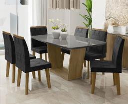 Mesa de Jantar Diamante com 6 Cadeiras Cinamomo Cinza com Aveludado Preto Pés Oblongo - RV Móveis