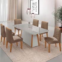Mesa De Jantar Diane 180cm Mdf Vidro Com 6 Cadeiras Moderna Veludo Capuccino Off White Naturale Serigrafia