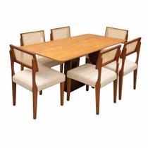 Mesa de Jantar Dubai Flex 160x80cm Sem Vidro e 6 Cadeiras Grecia em Linho Madeira Cel Móveis Cor Cinamomo com Tecido Bege Mesa de Jantar Dubai Flex 160x80cm Sem Vidro e 6 Cadeiras Grecia em Linho Madeira Cel Móveis Cor Cinamomo com Tecido Bege