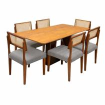 Mesa de Jantar Dubai Flex 160x80cm Sem Vidro e 6 Cadeiras Grecia em Linho Madeira Cel Móveis Cor Cinamomo com Tecido Cinza Mesa de Jantar Dubai Flex 160x80cm Sem Vidro e 6 Cadeiras Grecia em Linho Madeira Cel Móveis Cor Cinamomo com Tecido Cinza