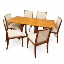 Mesa de Jantar Dubai Flex 160x80cm Sem Vidro e 6 Cadeiras Lara Kappesberg em Linho Madeira Cel Móveis Cor Cinamomo com Tecido Bege Mesa de Jantar Dubai Flex 160x80cm Sem Vidro e 6 Cadeiras Lara Kappesberg em Linho Madeira Cel Móveis Cor Cinamomo com Tecido Bege