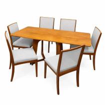 Mesa de Jantar Dubai Flex 160x80cm Sem Vidro e 6 Cadeiras Lara Kappesberg em Linho Madeira Cel Móveis Cor Cinamomo com Tecido Cinza Mesa de Jantar Dubai Flex 160x80cm Sem Vidro e 6 Cadeiras Lara Kappesberg em Linho Madeira Cel Móveis Cor Cinamomo com Tecido Cinza
