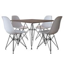 Mesa de Jantar Eames Eiffel 90cm Amêndoa Quadrada com 4 Cadeiras Brancas Base de Ferro Preto