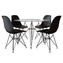 Mesa de Jantar Eames Eiffel de Ferro Preto Tampo Redondo Vidro 110cm com 4 Cadeiras Pretas Mesa de Jantar Eames Eiffel de Ferro Preto Tampo Redondo Vidro 110cm com 4 Cadeiras Pretas
