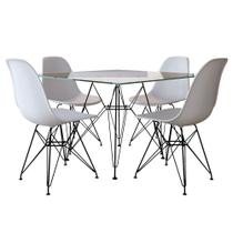 Mesa de Jantar Eames Eiffel Quadrada Vidro 90cm com 4 Cadeiras Brancas Base Ferro Preto - Up Home