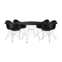 Mesa de Jantar Eames Eiffel Redonda 90cm Preta com 4 Poltronas Pretas Ferro Branco