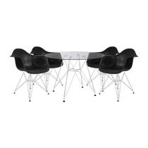 Mesa de Jantar Eames Eiffel Redonda Vidro 90cm com 4 Poltronas Pretas Ferro Branco