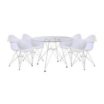 Mesa de Jantar Eames Eiffel Vidro Redonda 110cm com 4 Poltronas Brancas Ferro Branco