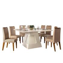 Mesa de Jantar Escala 136x136 Creme com 8 Cadeiras Lara Canela/Linho Árido - PR Móveis