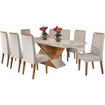 Mesa de Jantar Galak 200x90cm com 8 Cadeiras Iza Viero Cor Mel Off White com Assento Bege Mesa de Jantar Galak 200x90cm com 8 Cadeiras Iza Viero Cor Mel Off White com Assento Bege