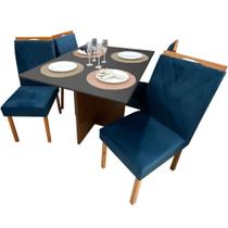 Mesa de Jantar Helo 120x90cm em Linho com 4 Cadeiras California Poliman Cor Mel Grafite com Assento Azul