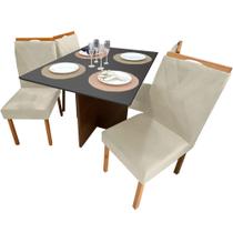 Mesa de Jantar Helo 120x90cm em Veludo com 4 Cadeiras California Poliman Cor Mel Grafite com Assento Bege