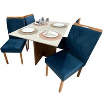 Mesa de Jantar Helo 120x90cm em Veludo com 4 Cadeiras California Poliman Cor Mel Off White com Assento Azul