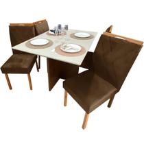 Mesa de Jantar Helo 120x90cm em Veludo com 4 Cadeiras California Poliman Cor Mel Off White com Assento Marrom