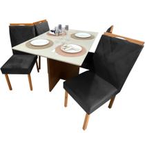 Mesa de Jantar Helo 120x90cm em Veludo com 4 Cadeiras California Poliman Cor Mel Off White com Assento Preto