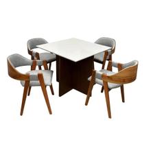 Mesa de Jantar Helo 90x90cm com Vidro e 4 Cadeiras Perola em Linho Madeira Poliman Cor Mel Off White com Tecido Cinza