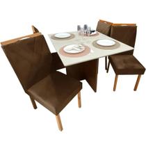 Mesa de Jantar Helo 90x90cm em Linho com 4 Cadeiras California Poliman Cor Mel Off White com Assento Marrom Mesa de Jantar Helo 90x90cm em Linho com 4 Cadeiras California Poliman Cor Mel Off White com Assento Marrom