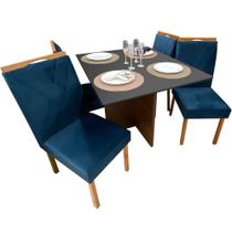 Mesa de Jantar Helo 90x90cm em Veludo com 4 Cadeiras California Poliman Cor Mel Grafite com Assento Azul
