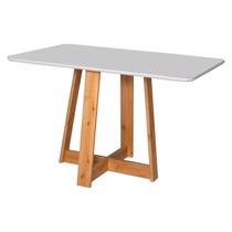 Mesa de Jantar Ibiza 90x90cm Pés em Madeira Maciça Tampo Laqueado com Vidro Off-white/Mel