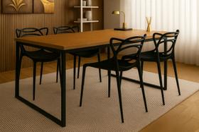 Mesa de Jantar Industrial 120x80cm Tampo Freijó com 4 Cadeiras Allegra Pretas - Conjunto Sala de Jantar Moderno