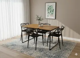 Mesa de Jantar Industrial 120x80cm Tampo Freijó com 4 Cadeiras Allegra Pretas - Conjunto Sala de Jantar Moderno