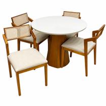 Mesa de Jantar Isis com Vidro Redonda 100cm e 4 Cadeiras Berlim Hr em Linho Madeira New Ceval Cor Ipê Off White com Tecido Bege