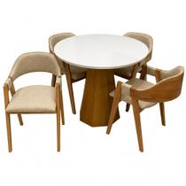 Mesa de Jantar Isis com Vidro Redonda 100cm e 4 Cadeiras Perola em Linho Madeira New Ceval Cor Ipê Off White com Tecido Bege