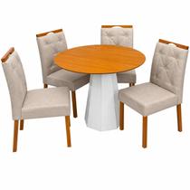 Mesa de Jantar Isis Sem Vidro Redonda 100cm e 4 Cadeiras Jasmim em Veludo Estofadas New Ceval Cor Off White Ipê com Tecido Bege